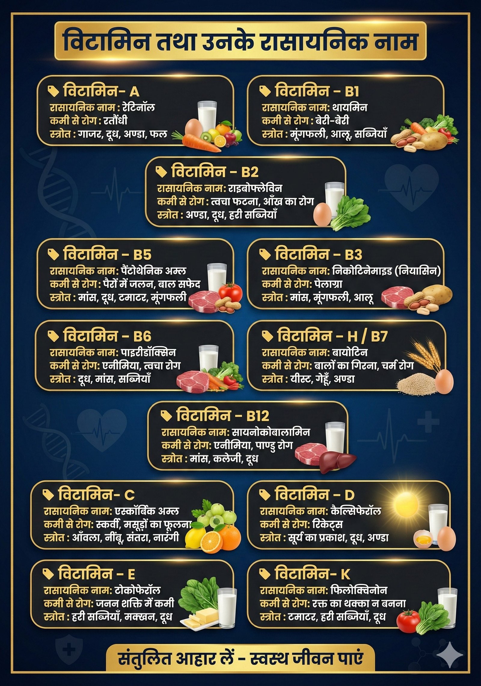 Vitamin Chart in Hindi: Chemical Names, Deficiency Diseases & Sources