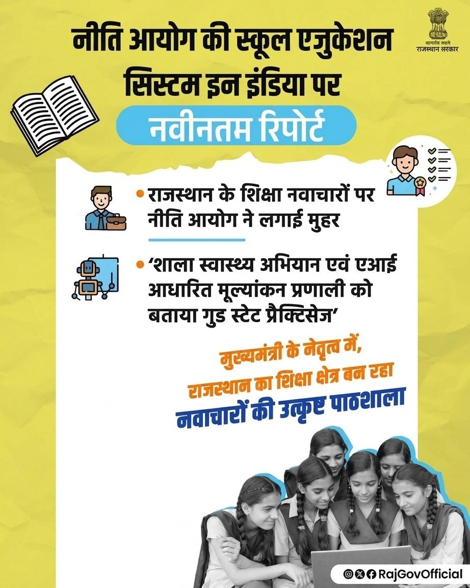 Rajasthan Education Model: नीति आयोग ने राजस्थान के 2 बड़े शिक्षा नवाचारों को सराहा, पूरे देश के लिए बताया मिसाल
